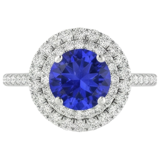 Bague de mariage en tanzanite et diamants Coupe Ronde 19 carats en or blanc 14 carats