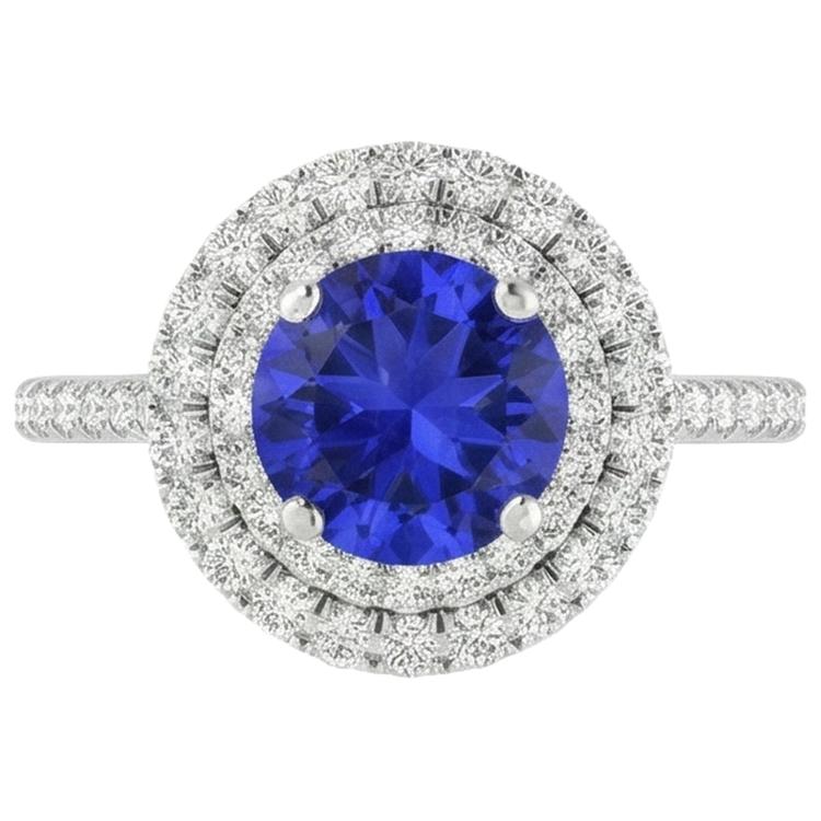 Bague de mariage en tanzanite et diamants Coupe Ronde 19 carats en or blanc 14 carats