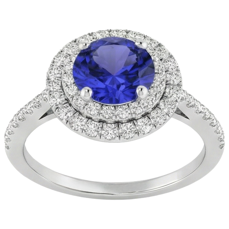 Bague de mariage en tanzanite et diamants Coupe Ronde 19 carats en or blanc 14 carats