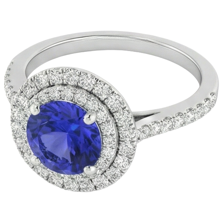 Bague de mariage en tanzanite et diamants Coupe Ronde 19 carats en or blanc 14 carats