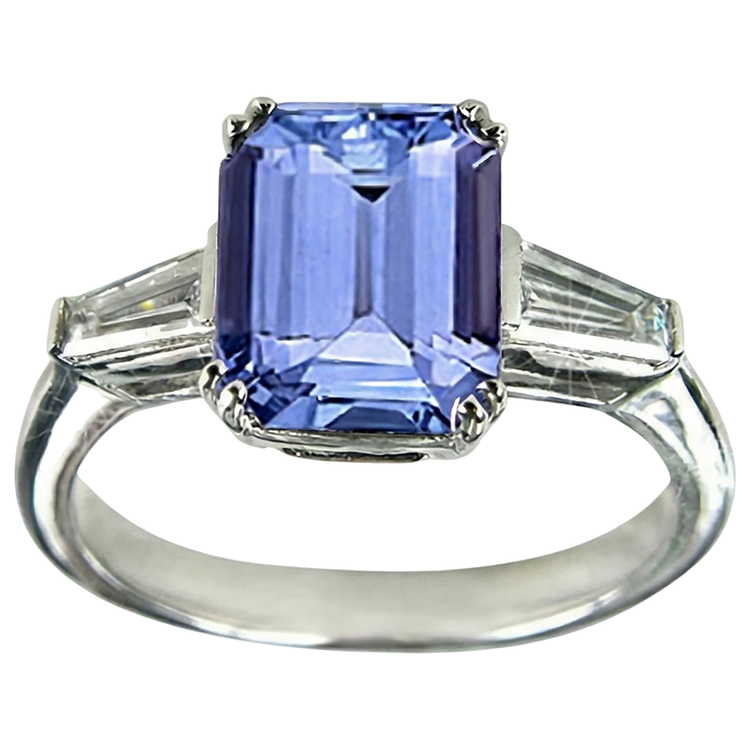 Bague de mariage en tanzanite trois pierres et diamant baguette 2 ct