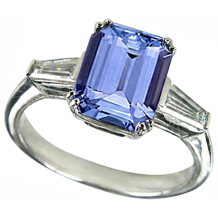 Bague de mariage en tanzanite trois pierres et diamant baguette 2 ct