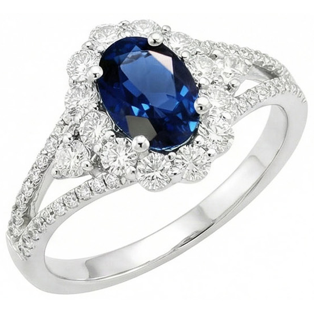 Bague de mariage ovale 2 ct avec saphir de Ceylan et diamants en or blanc 14K