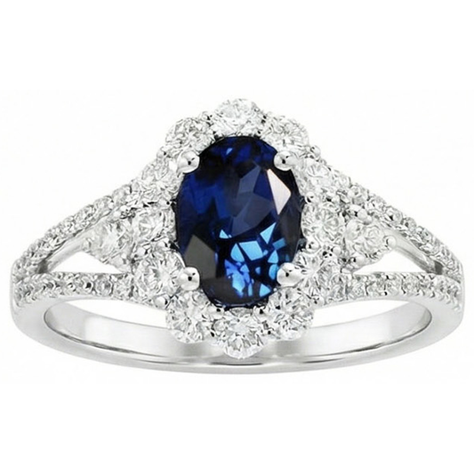 Bague de mariage ovale 2 ct avec saphir de Ceylan et diamants en or blanc 14K