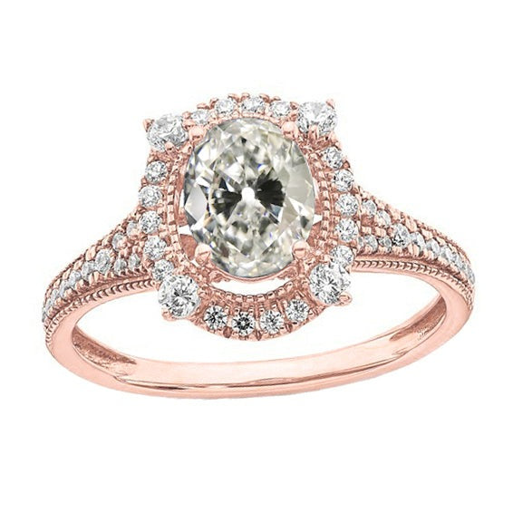 Bague de mariage ovale Réel avec halo de diamants taille ancienne mine or rose 5.25 carats