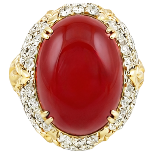 Bague de mariage ovale en corail rouge avec diamants 11.20 ct en or jaune 14 carats