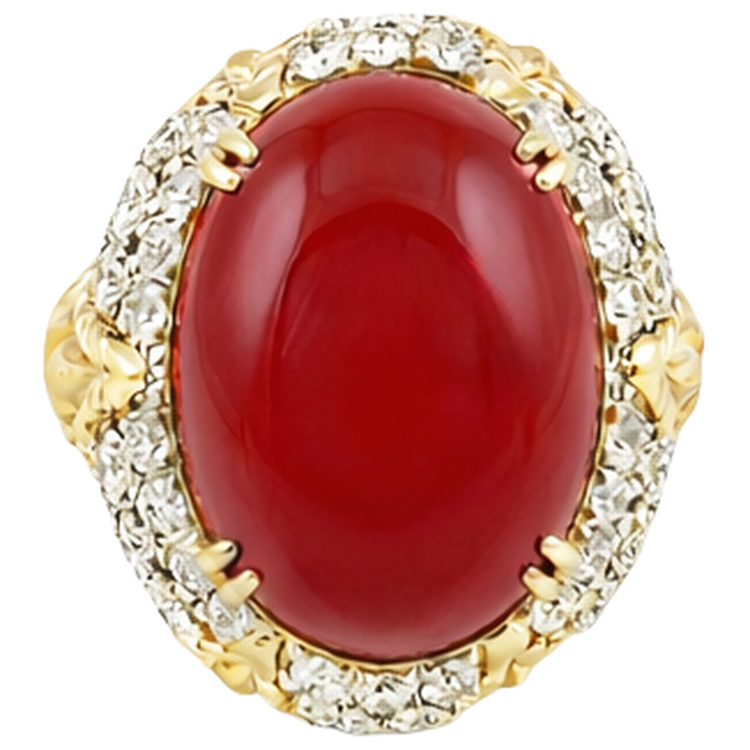 Bague de mariage ovale en corail rouge avec diamants 11.20 ct en or jaune 14 carats