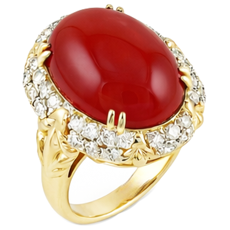 Bague de mariage ovale en corail rouge avec diamants 11.20 ct en or jaune 14 carats