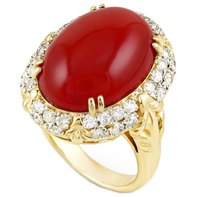 Bague de mariage ovale en corail rouge avec diamants 11.20 ct en or jaune 14 carats