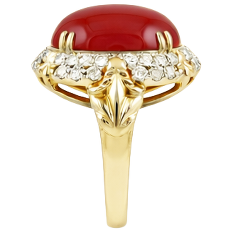 Bague de mariage ovale en corail rouge avec diamants 11.20 ct en or jaune 14 carats