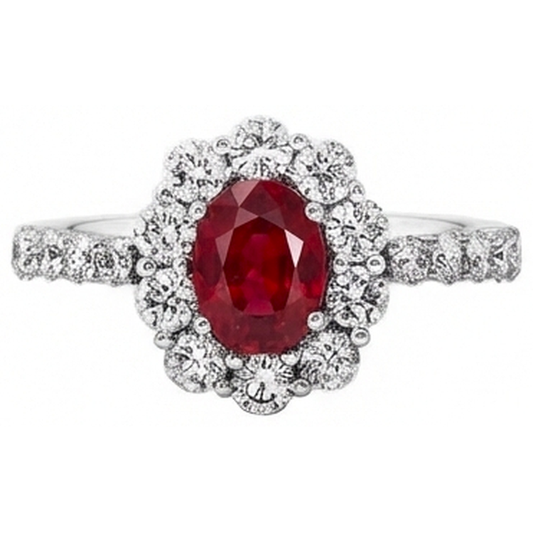 Bague de mariage ovale rubis 3.50 carats sertie griffes or blanc 14K