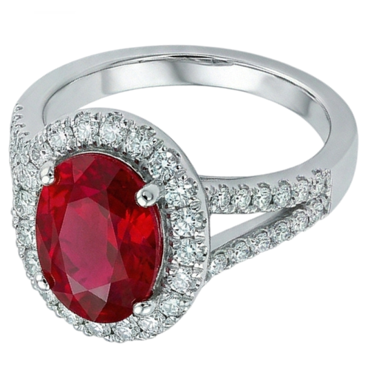 Bague de mariage rubis ovale rouge avec accents diamants 6.75 carats or blanc