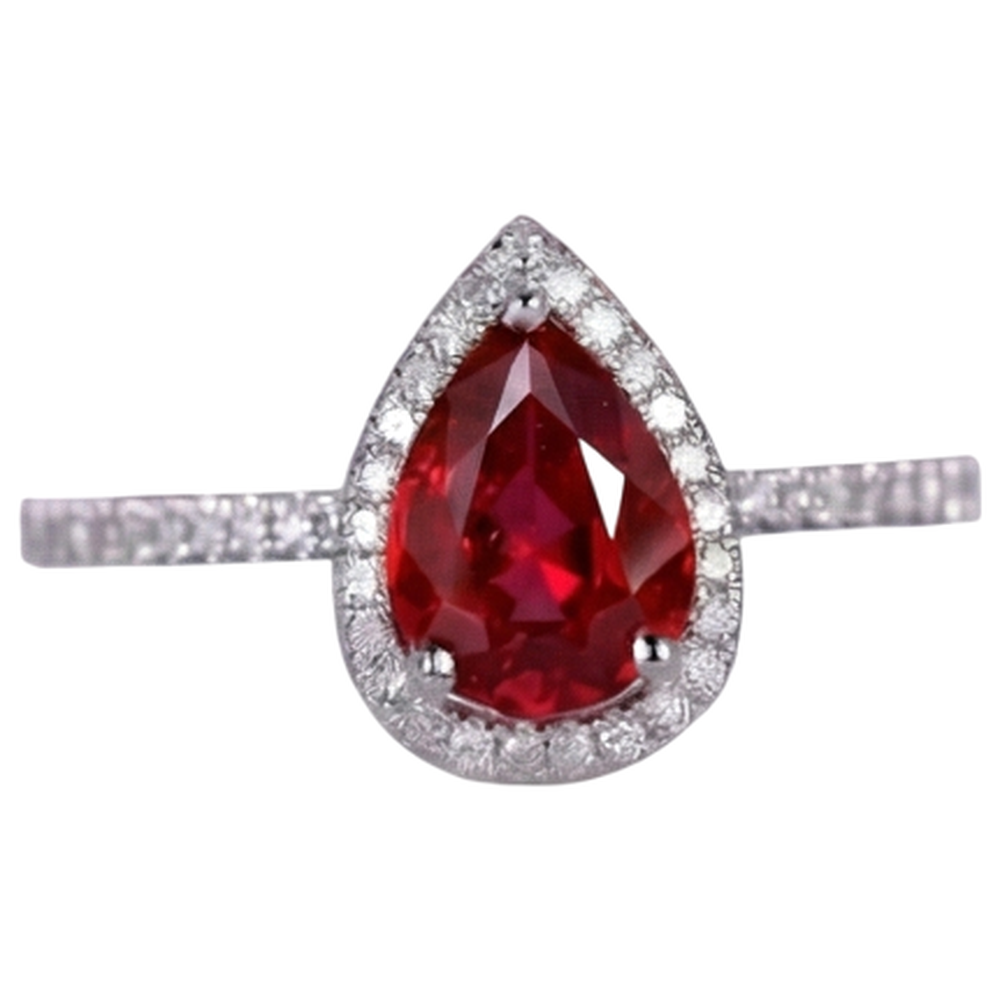Bague de mariage rubis rouge et diamant taille poire or blanc 14K 3.45 carats