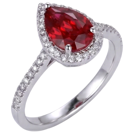 Bague de mariage rubis rouge et diamant taille poire or blanc 14K 3.45 carats
