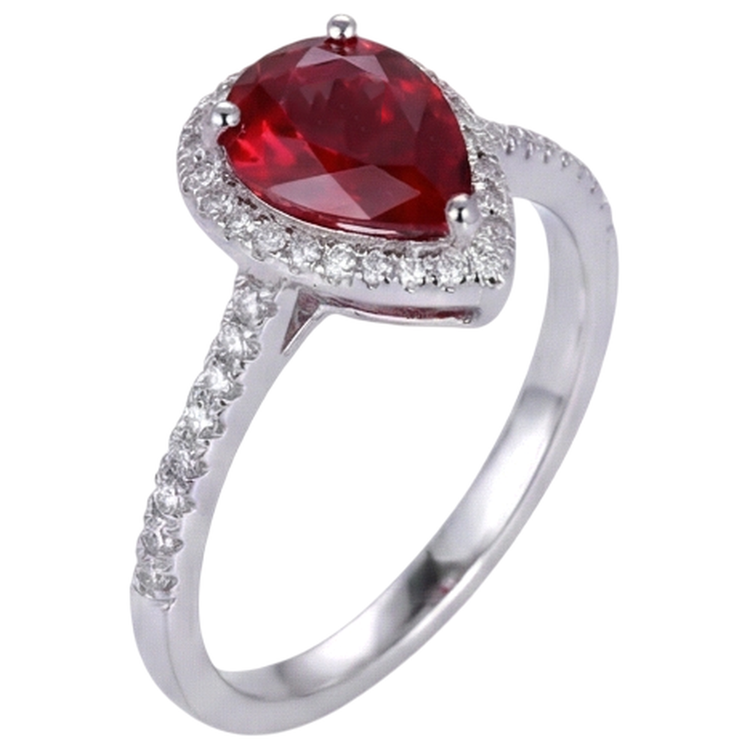 Bague de mariage rubis rouge et diamant taille poire or blanc 14K 3.45 carats