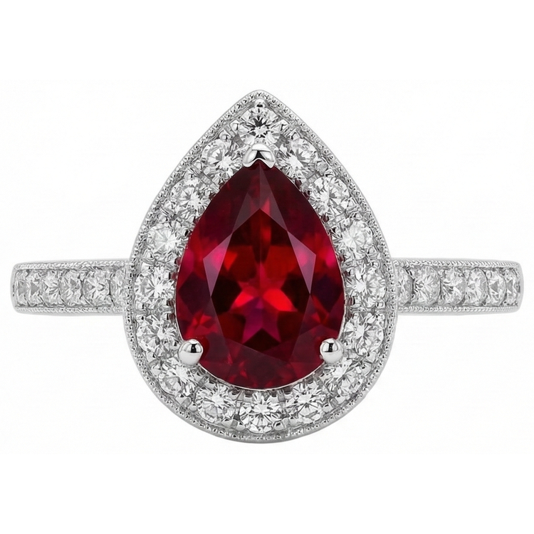 Bague de mariage rubis taille poire et diamant rond 3 carats or blanc 14K