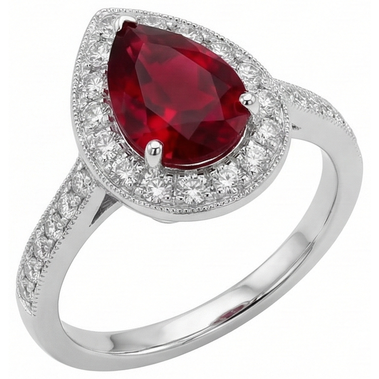 Bague de mariage rubis taille poire et diamant rond 3 carats or blanc 14K