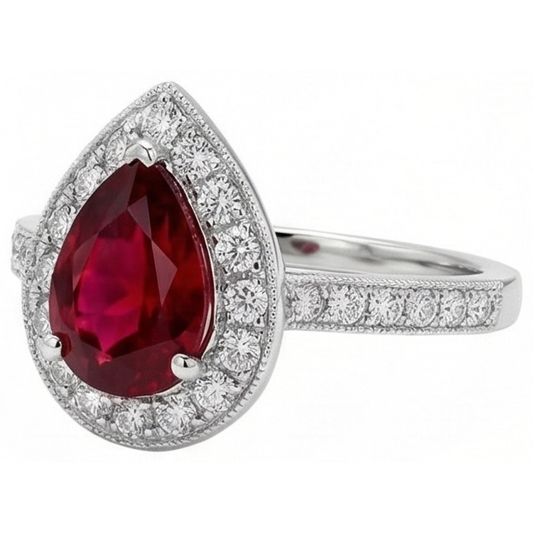 Bague de mariage rubis taille poire et diamant rond 3 carats or blanc 14K