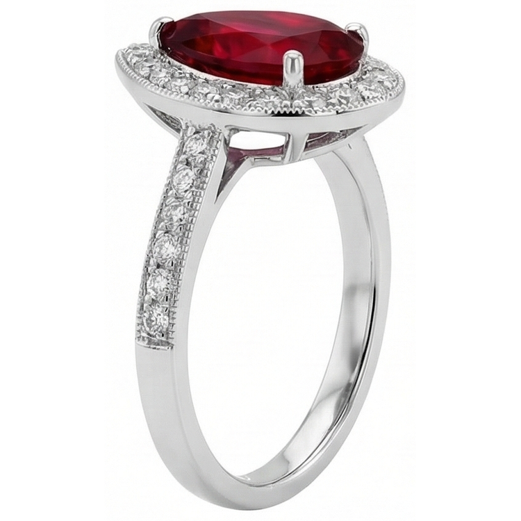 Bague de mariage rubis taille poire et diamant rond 3 carats or blanc 14K