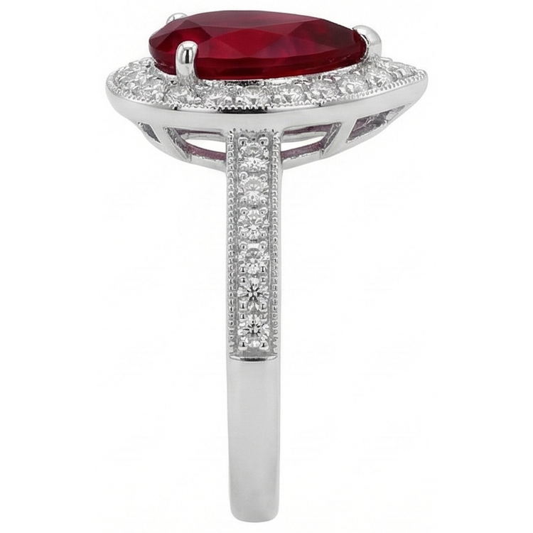 Bague de mariage rubis taille poire et diamant rond 3 carats or blanc 14K