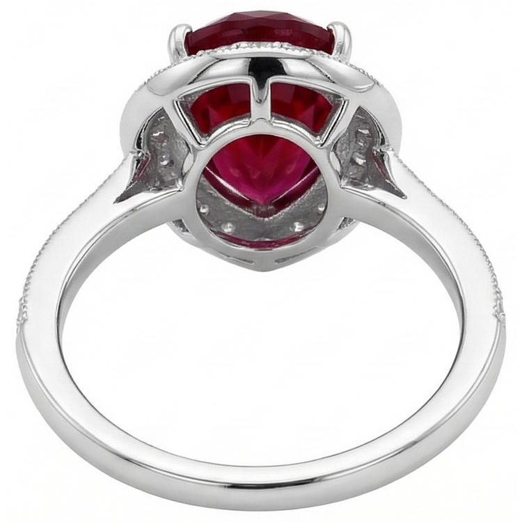 Bague de mariage rubis taille poire et diamant rond 3 carats or blanc 14K