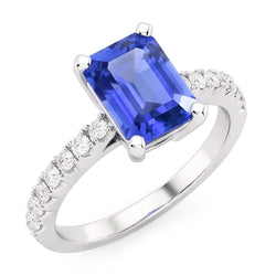 Bague de mariage solitaire saphir bleu émeraude avec accents de diamants 3 carats