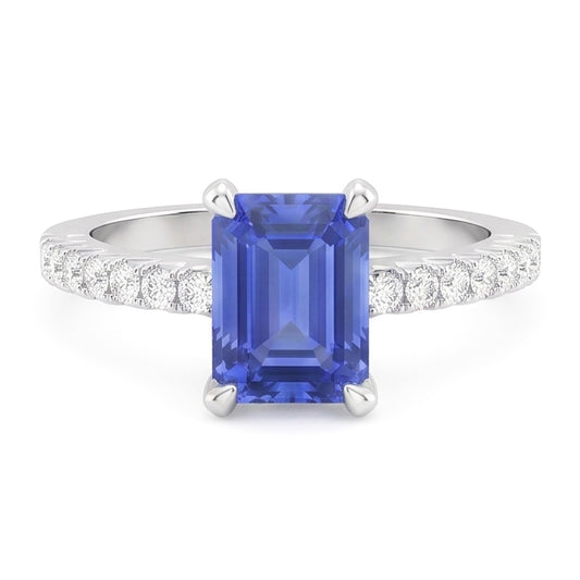Bague de mariage solitaire saphir bleu émeraude avec accents de diamants 3 carats