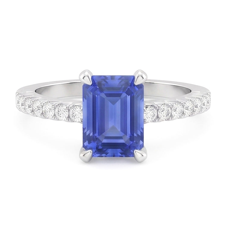 Bague de mariage solitaire saphir bleu émeraude avec accents de diamants 3 carats