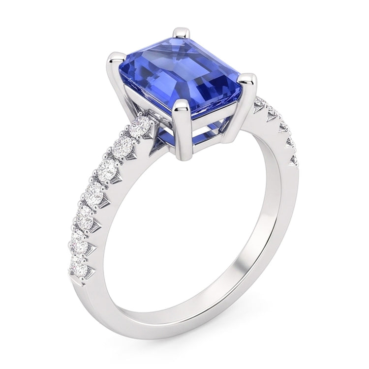 Bague de mariage solitaire saphir bleu émeraude avec accents de diamants 3 carats