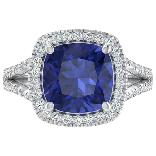 Bague de pierres précieuses Halo de tanzanite coussin 6,50 carats tige fendue