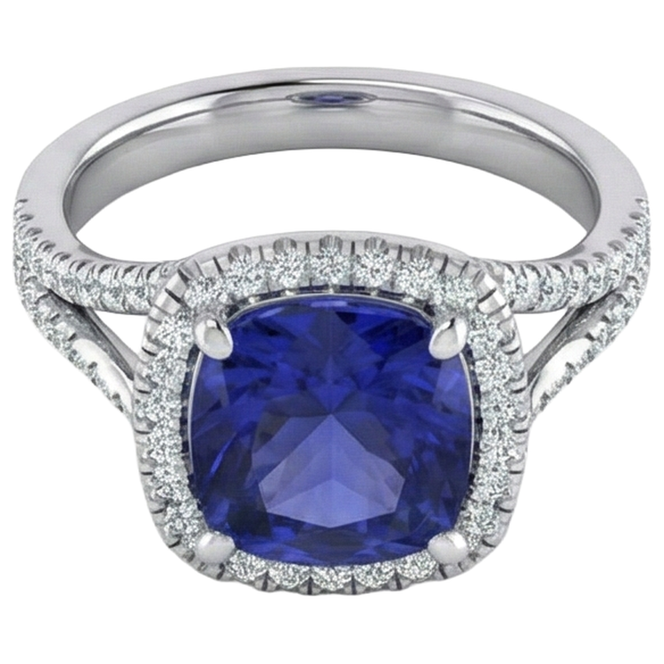 Bague de pierres précieuses Halo de tanzanite coussin 6,50 carats tige fendue
