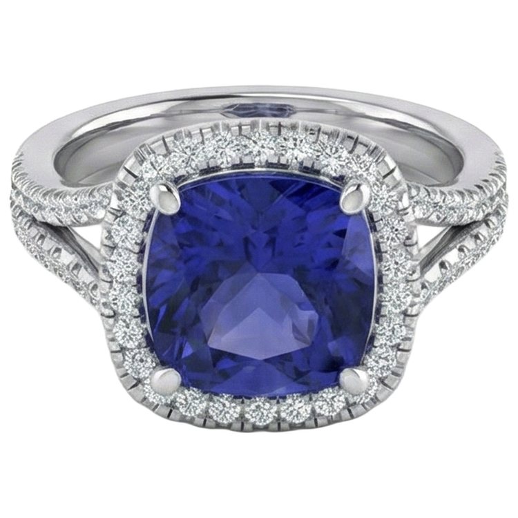 Bague de pierres précieuses Halo de tanzanite coussin 6,50 carats tige fendue