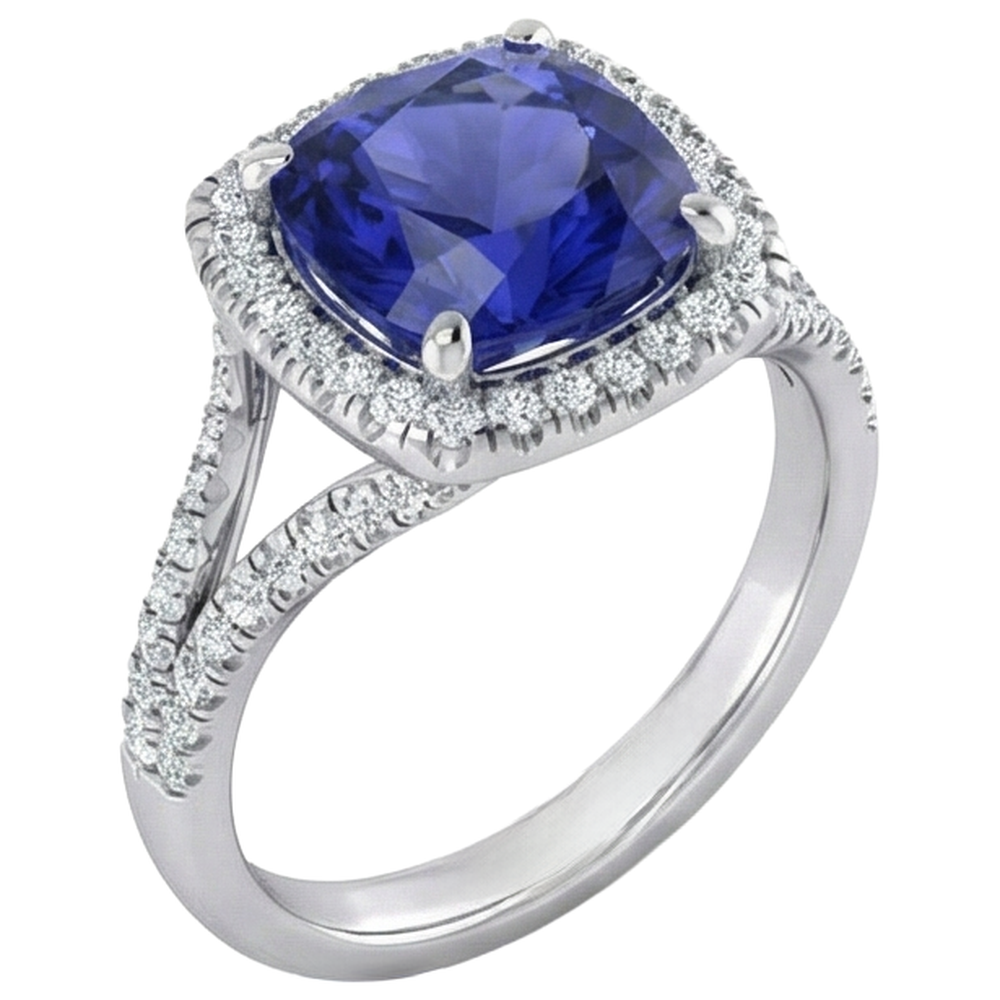 Bague de pierres précieuses Halo de tanzanite coussin 6,50 carats tige fendue