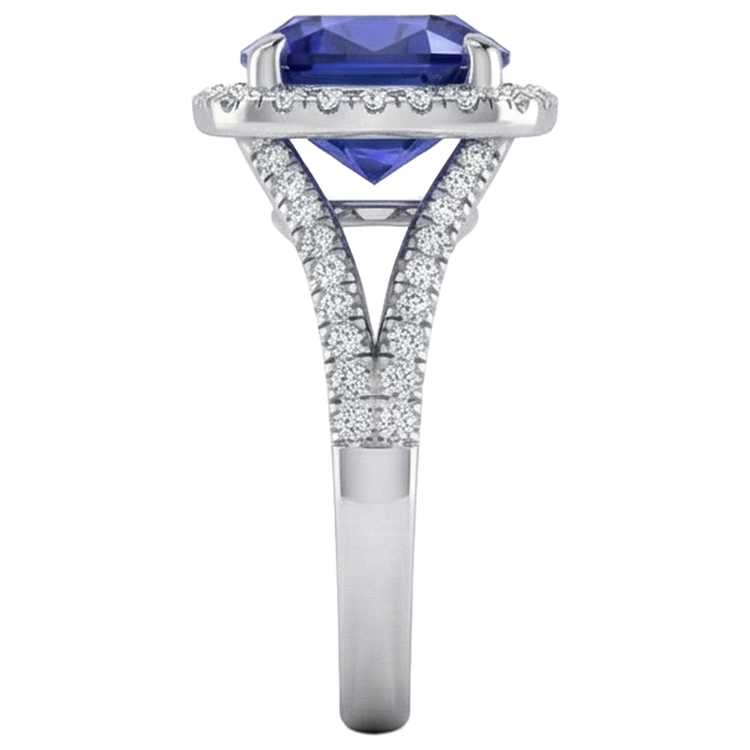Bague de pierres précieuses Halo de tanzanite coussin 6,50 carats tige fendue