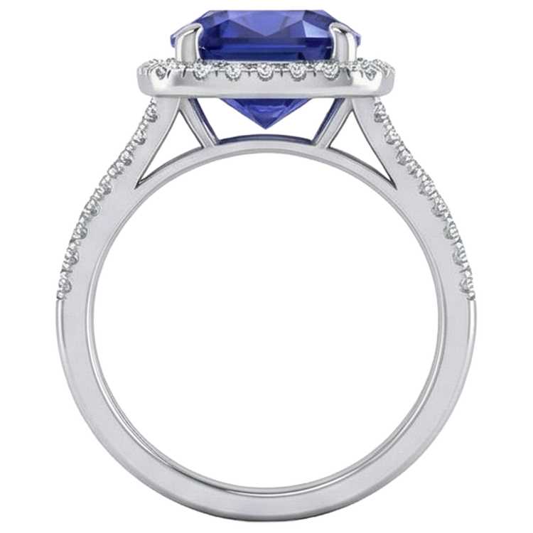 Bague de pierres précieuses Halo de tanzanite coussin 6,50 carats tige fendue