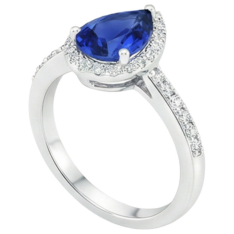 Bague de style goutte d'eau avec saphir bleu et diamants Halo avec accents de 5.50 carats