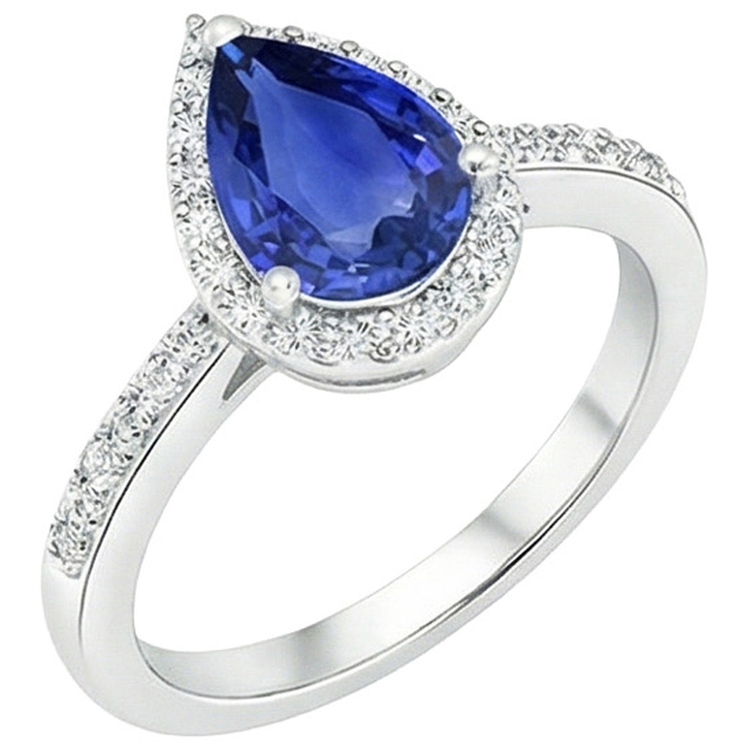 Bague de style goutte d'eau avec saphir bleu et diamants Halo avec accents de 5.50 carats