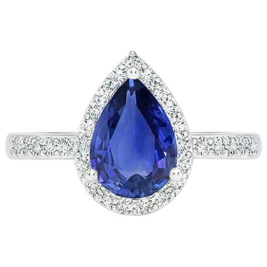 Bague de style goutte d'eau avec saphir bleu et diamants Halo avec accents de 5.50 carats