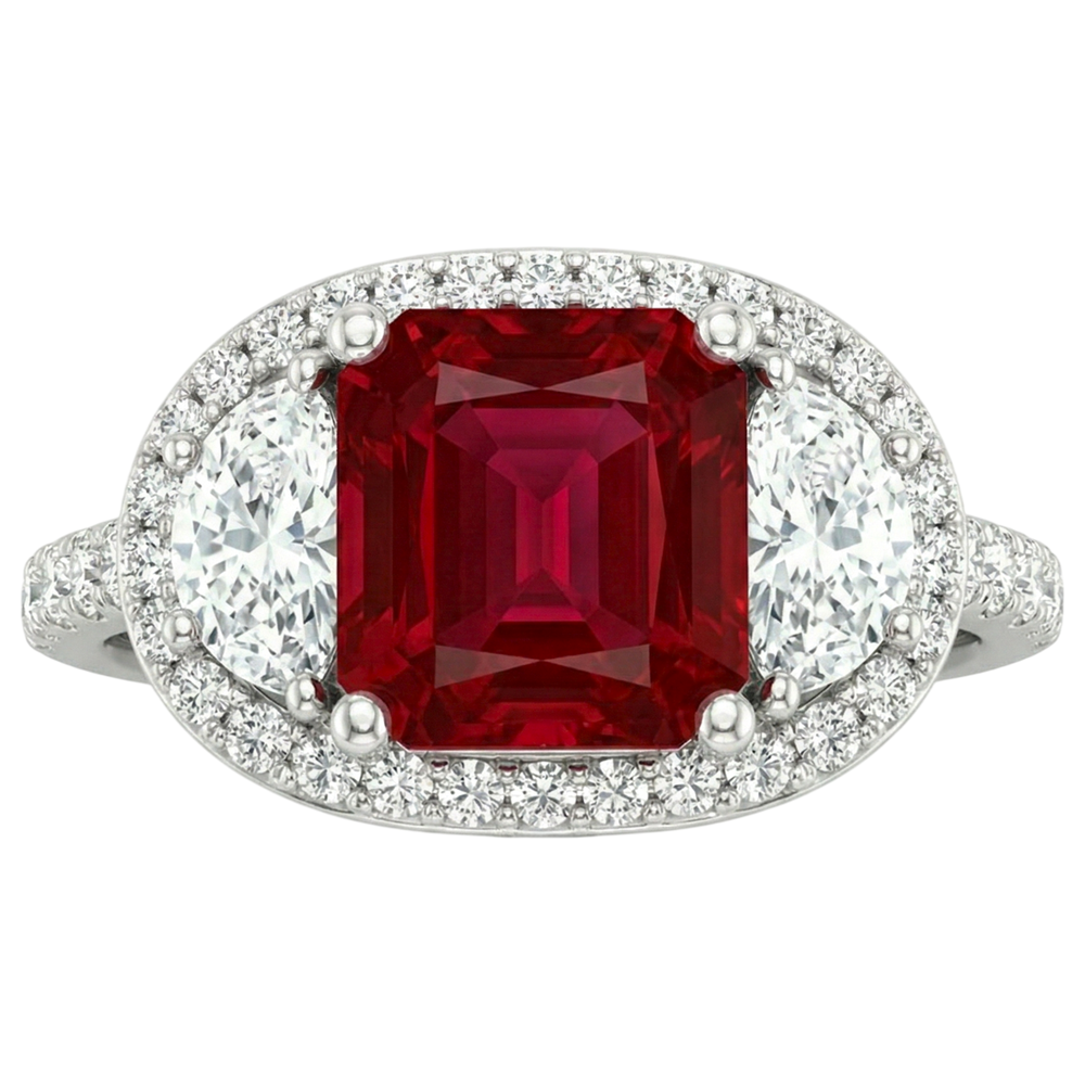 Bague de style trois pierres étincelante princesse rubis rouge 3 carats WG 14K