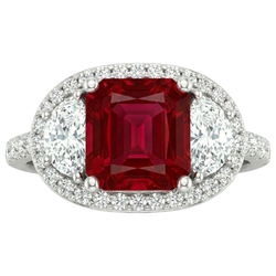 Bague de style trois pierres étincelante princesse rubis rouge 3 carats WG 14K