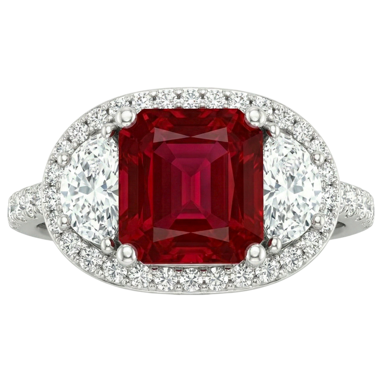 Bague de style trois pierres étincelante princesse rubis rouge 3 carats WG 14K