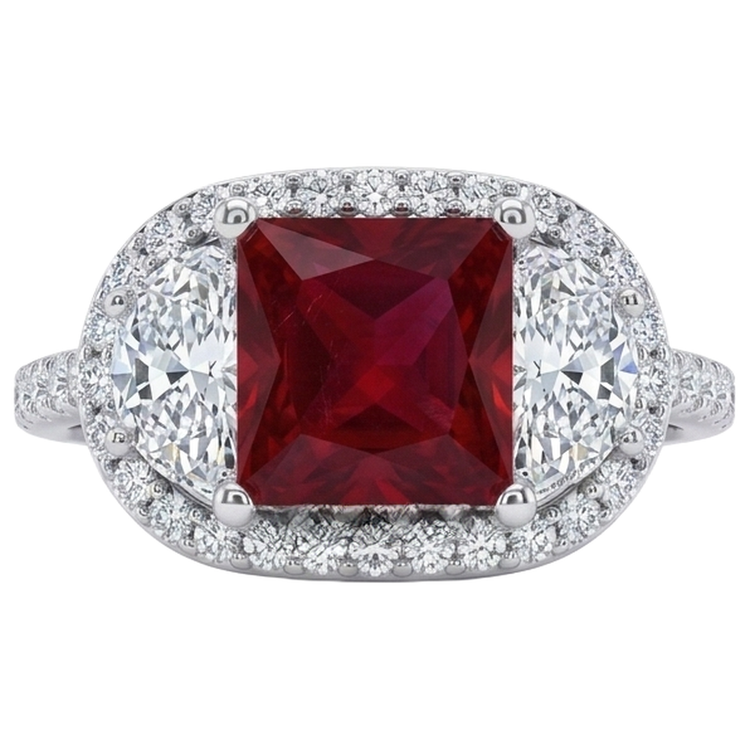Bague de style trois pierres étincelante princesse rubis rouge 3 carats WG 14K