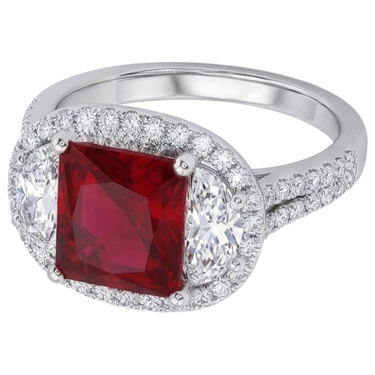Bague de style trois pierres étincelante princesse rubis rouge 3 carats WG 14K