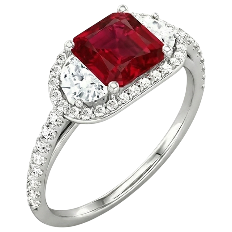 Bague de style trois pierres étincelante princesse rubis rouge 3 carats WG 14K