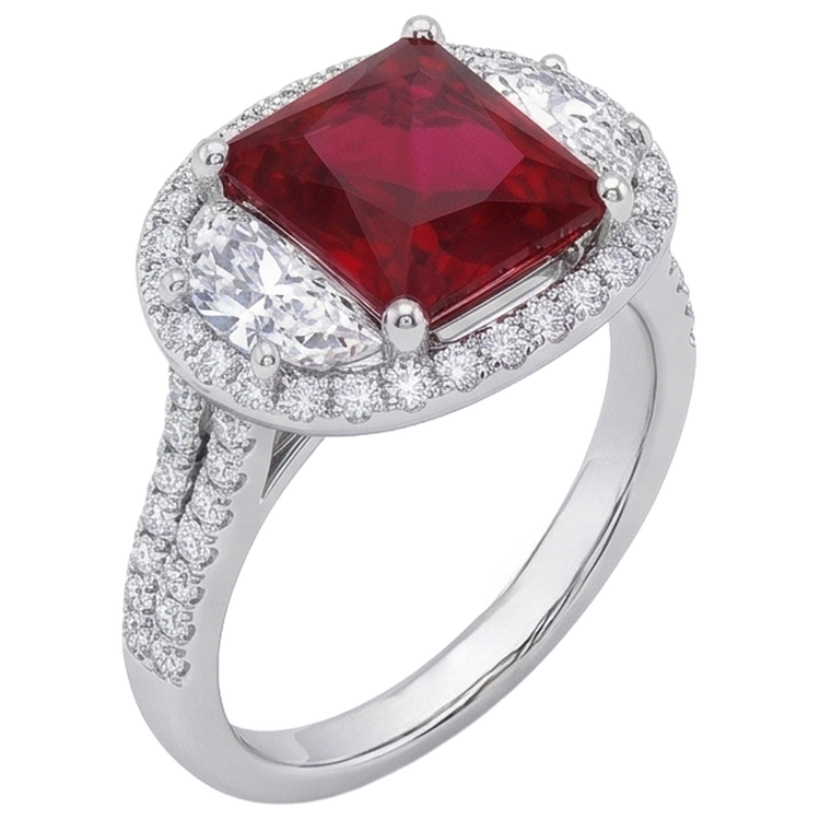 Bague de style trois pierres étincelante princesse rubis rouge 3 carats WG 14K