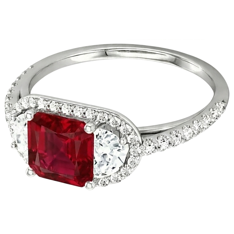 Bague de style trois pierres étincelante princesse rubis rouge 3 carats WG 14K