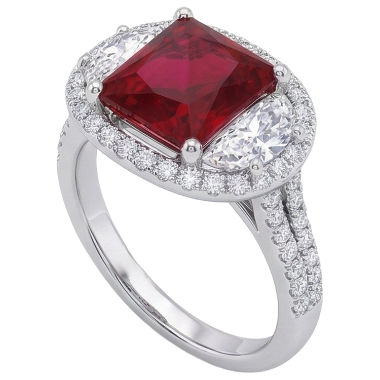Bague de style trois pierres étincelante princesse rubis rouge 3 carats WG 14K