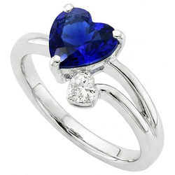 Bague diamant 2 pierres coeur saphir bleu profond tige fendue 2.25 carats