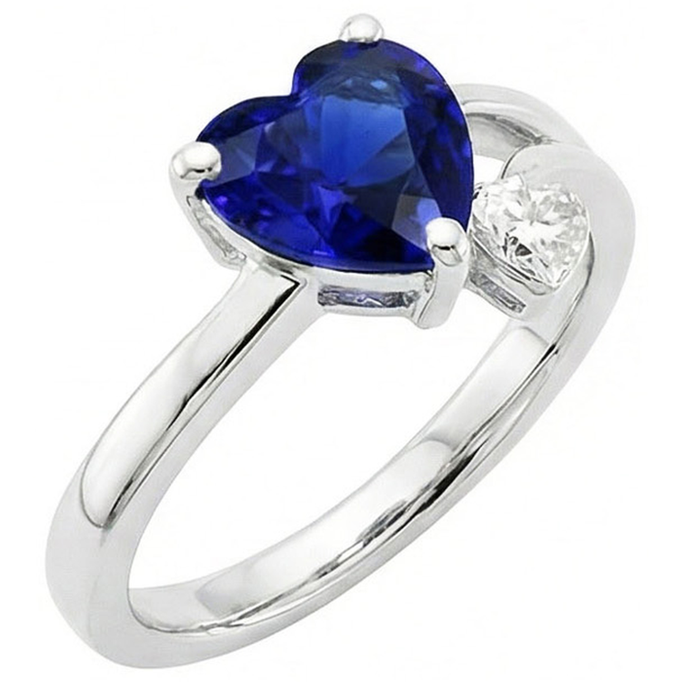 Bague diamant 2 pierres coeur saphir bleu profond tige fendue 2.25 carats