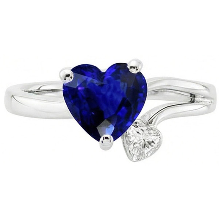 Bague diamant 2 pierres coeur saphir bleu profond tige fendue 2.25 carats